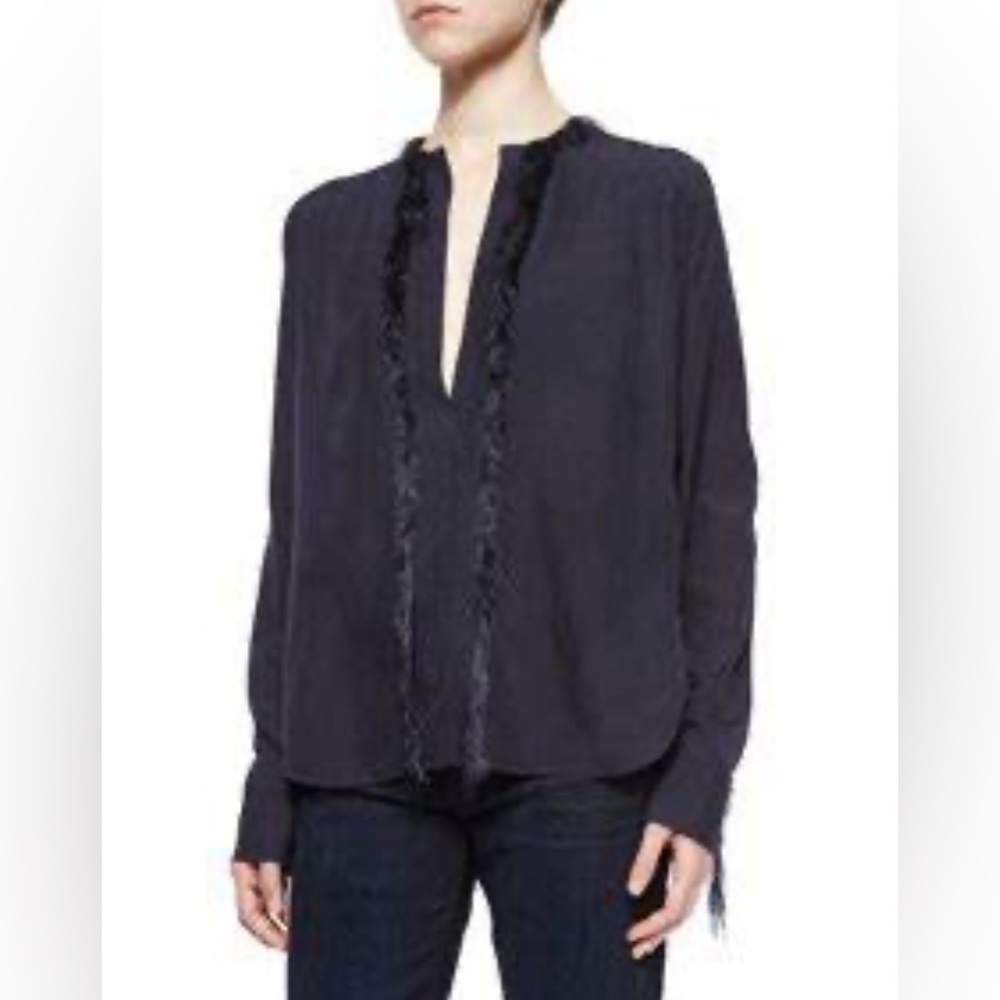 Helmut Lang very dark blue Silk blouse with feathers trimmings.